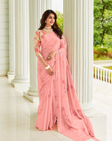 Vishal Prints Light Salmon Pink Designer Organza Saree With Embroidery-Diamond Work And Cut Work Border