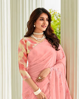 Vishal Prints Light Salmon Pink Designer Organza Saree With Embroidery-Diamond Work And Cut Work Border