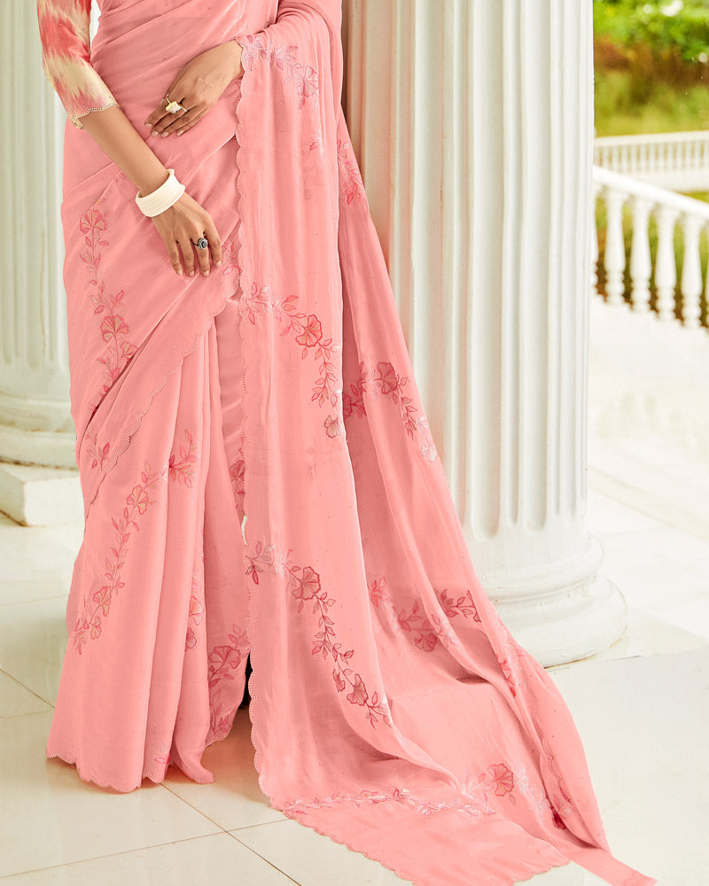 Vishal Prints Light Salmon Pink Designer Organza Saree With Embroidery-Diamond Work And Cut Work Border