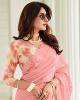 Vishal Prints Light Salmon Pink Designer Organza Saree With Embroidery-Diamond Work And Cut Work Border