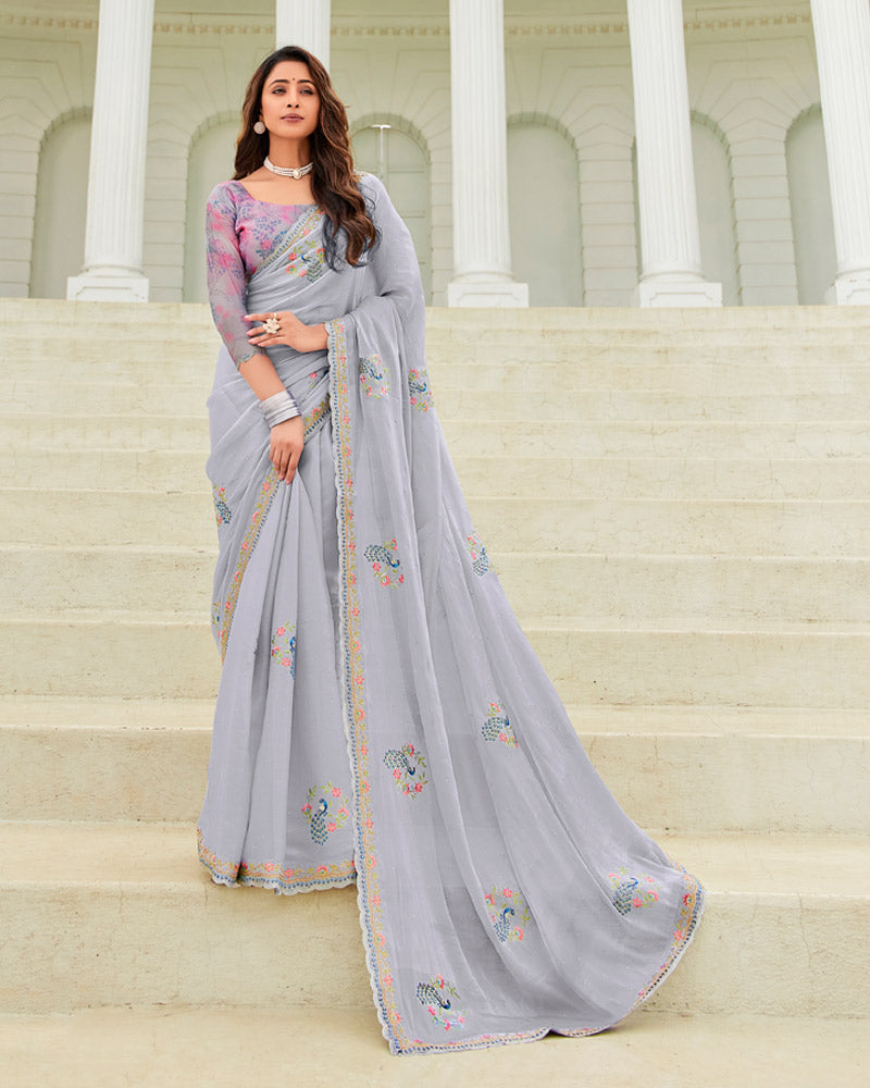 Vishal Prints French Grey Designer Organza Saree With Embroidery-Diamond Work And Cut Work Border