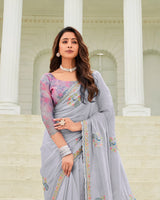 Vishal Prints French Grey Designer Organza Saree With Embroidery-Diamond Work And Cut Work Border