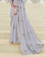 Vishal Prints French Grey Designer Organza Saree With Embroidery-Diamond Work And Cut Work Border