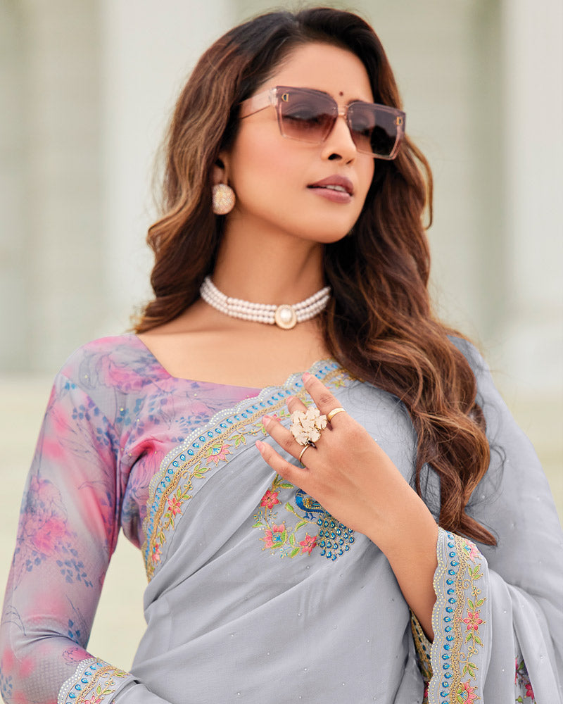 Vishal Prints French Grey Designer Organza Saree With Embroidery-Diamond Work And Cut Work Border