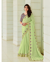 Vishal Prints Light Moss Green Designer Organza Saree With Embroidery-Diamond Work And Cut Work Border