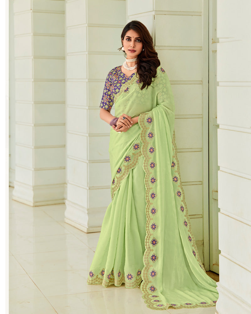 Vishal Prints Light Moss Green Designer Organza Saree With Embroidery-Diamond Work And Cut Work Border