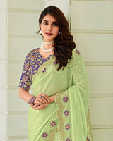 Vishal Prints Light Moss Green Designer Organza Saree With Embroidery-Diamond Work And Cut Work Border