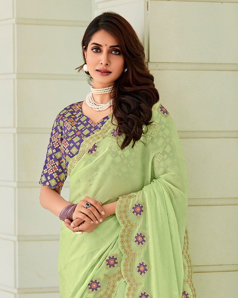 Vishal Prints Light Moss Green Designer Organza Saree With Embroidery-Diamond Work And Cut Work Border