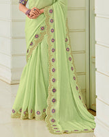 Vishal Prints Light Moss Green Designer Organza Saree With Embroidery-Diamond Work And Cut Work Border
