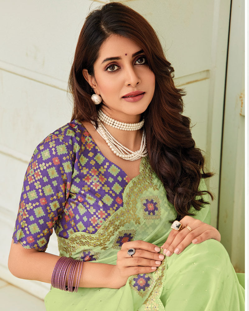 Vishal Prints Light Moss Green Designer Organza Saree With Embroidery-Diamond Work And Cut Work Border