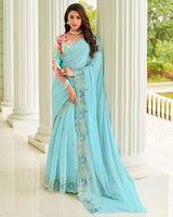 Vishal Prints Fountain Blue Designer Organza Saree With Embroidery-Diamond Work And Cut Work Border