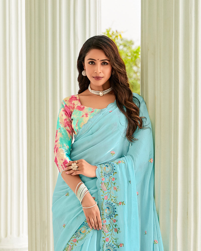 Vishal Prints Fountain Blue Designer Organza Saree With Embroidery-Diamond Work And Cut Work Border