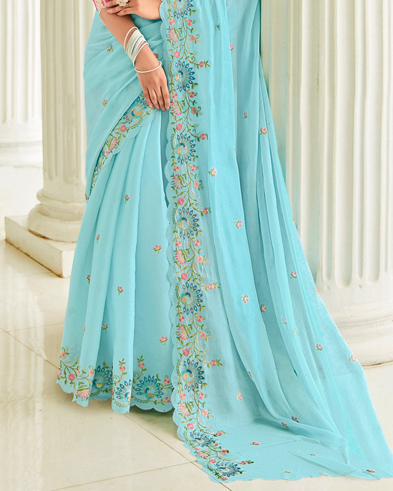 Vishal Prints Fountain Blue Designer Organza Saree With Embroidery-Diamond Work And Cut Work Border