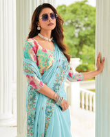 Vishal Prints Fountain Blue Designer Organza Saree With Embroidery-Diamond Work And Cut Work Border