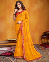 Vishal Prints Dark Yellow Georgette Saree With Foil Print And Zari Border