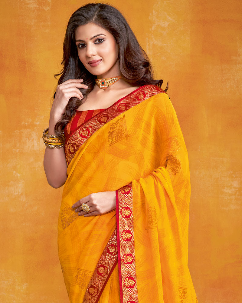 Vishal Prints Dark Yellow Georgette Saree With Foil Print And Zari Border
