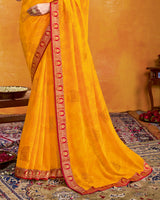 Vishal Prints Dark Yellow Georgette Saree With Foil Print And Zari Border