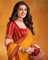 Vishal Prints Dark Yellow Georgette Saree With Foil Print And Zari Border