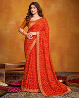 Vishal Prints Red Georgette Saree With Foil Print And Zari Border