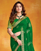 Vishal Prints Dark Green Georgette Saree With Foil Print And Zari Border