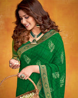 Vishal Prints Dark Green Georgette Saree With Foil Print And Zari Border
