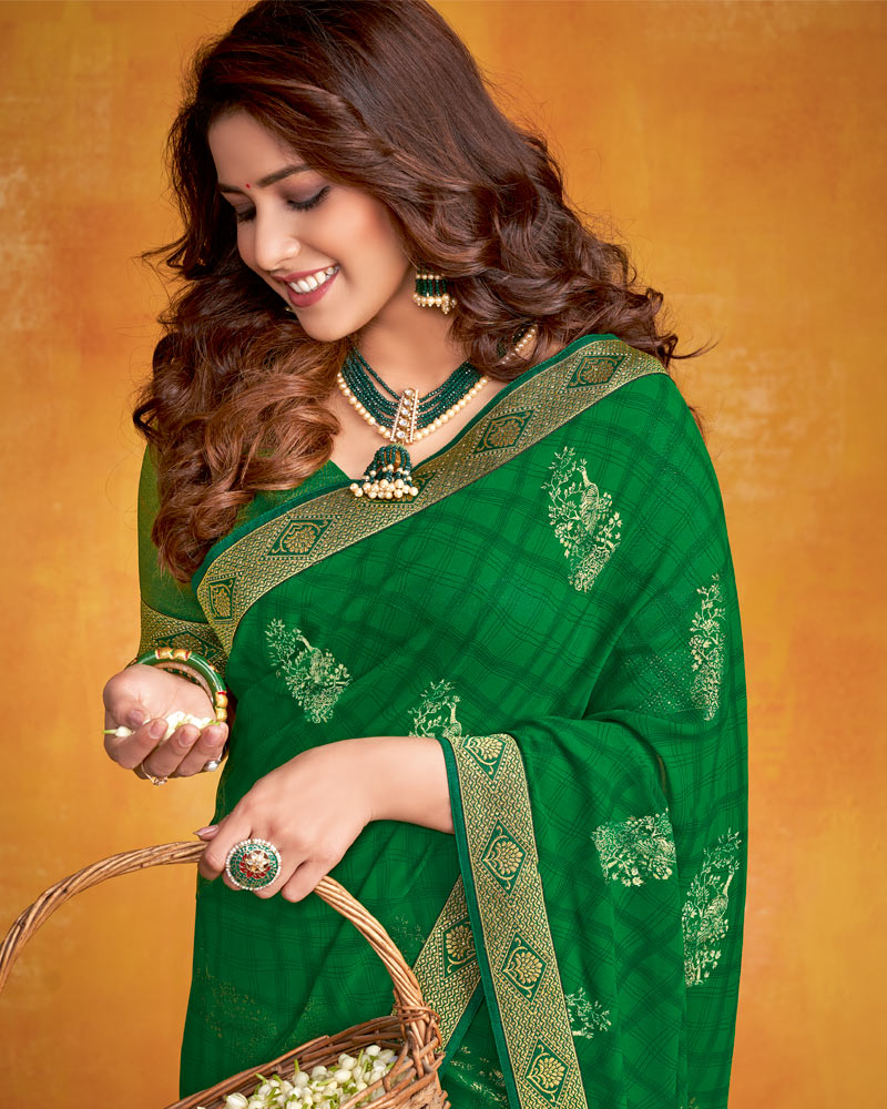 Vishal Prints Dark Green Georgette Saree With Foil Print And Zari Border