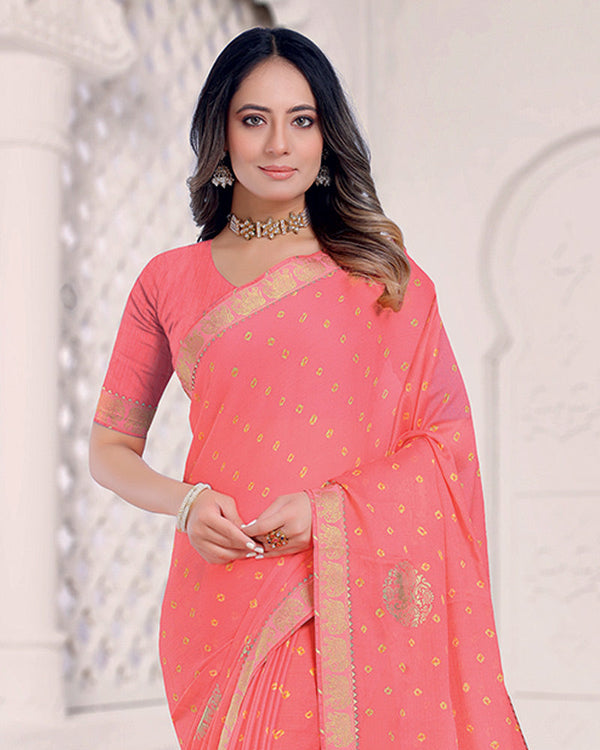 Vishal Prints Light Coral Printed Chiffon Traditional Print Saree With Foil Print And Zari Border