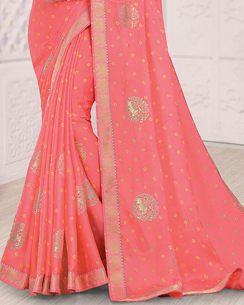 Vishal Prints Light Coral Printed Chiffon Traditional Print Saree With Foil Print And Zari Border