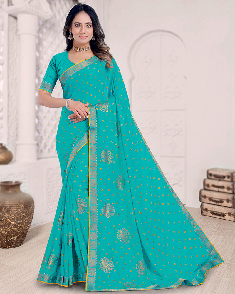 Vishal Prints Persian Blue Printed Chiffon Traditional Print Saree With Foil Print And Zari Border