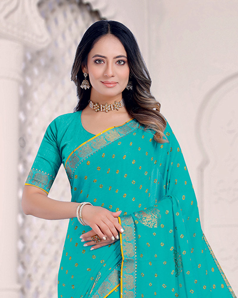 Vishal Prints Persian Blue Printed Chiffon Traditional Print Saree With Foil Print And Zari Border