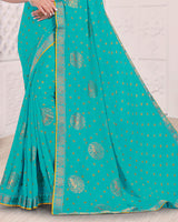 Vishal Prints Persian Blue Printed Chiffon Traditional Print Saree With Foil Print And Zari Border
