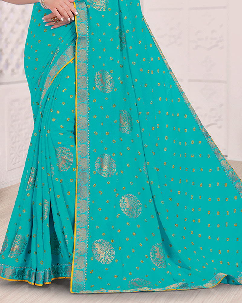 Vishal Prints Persian Blue Printed Chiffon Traditional Print Saree With Foil Print And Zari Border