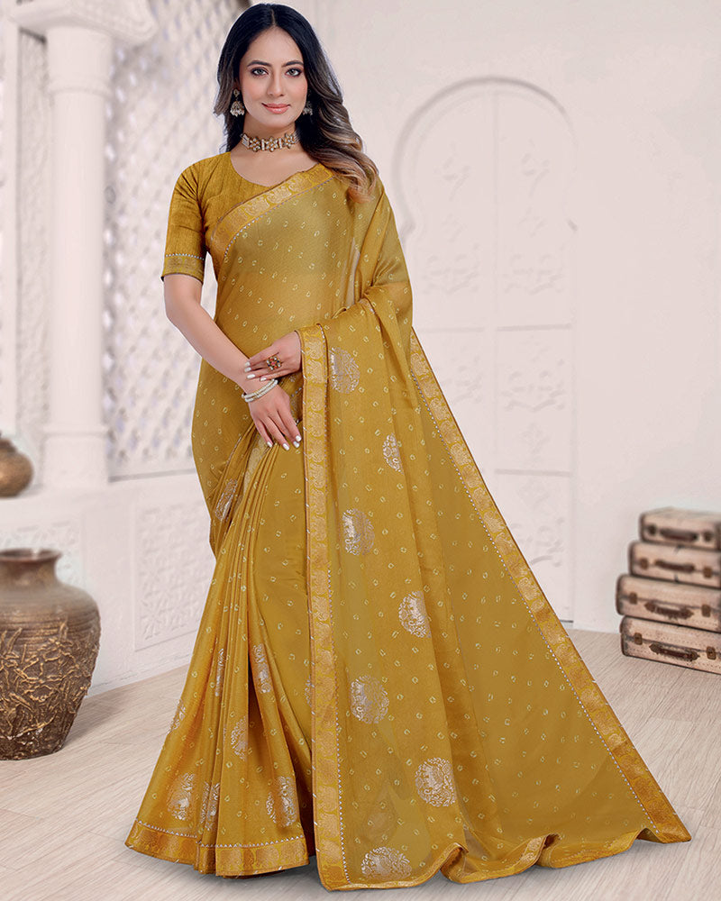 Vishal Prints Ginger Brown Printed Chiffon Traditional Print Saree With Foil Print And Zari Border