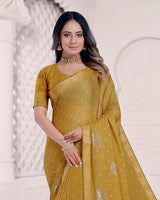 Vishal Prints Ginger Brown Printed Chiffon Traditional Print Saree With Foil Print And Zari Border