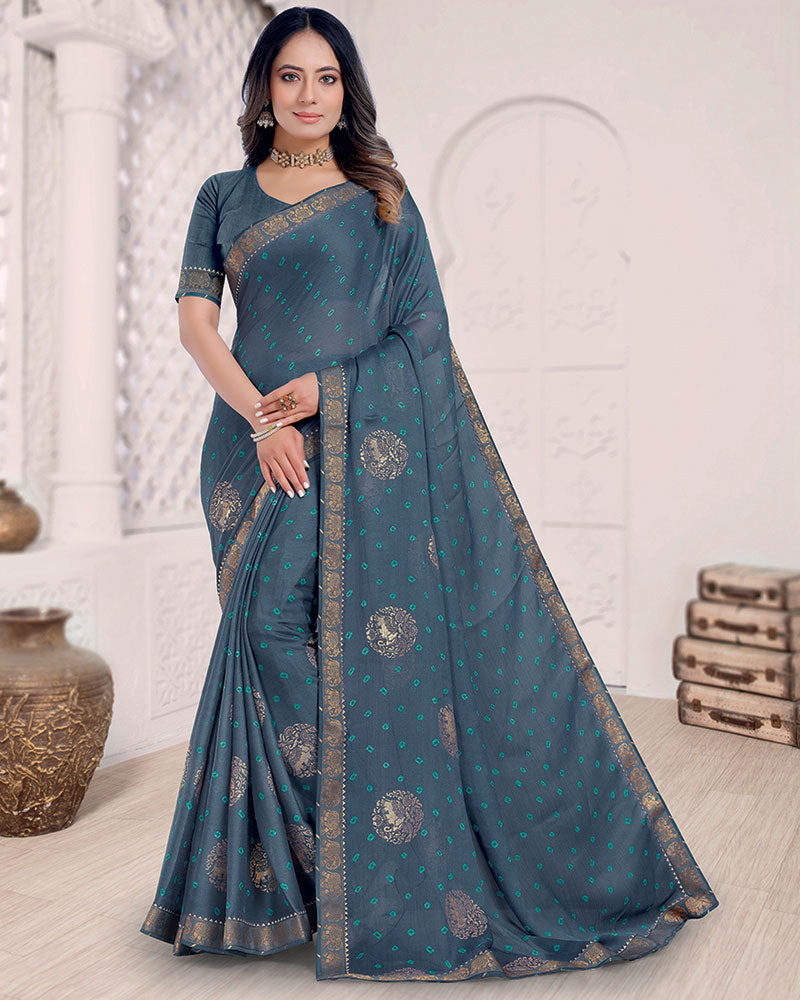 Vishal Prints Dark Slate Grey Printed Chiffon Traditional Print Saree With Foil Print And Zari Border