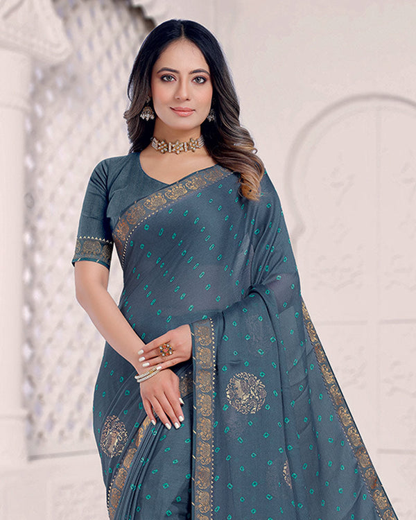 Vishal Prints Dark Slate Grey Printed Chiffon Traditional Print Saree With Foil Print And Zari Border