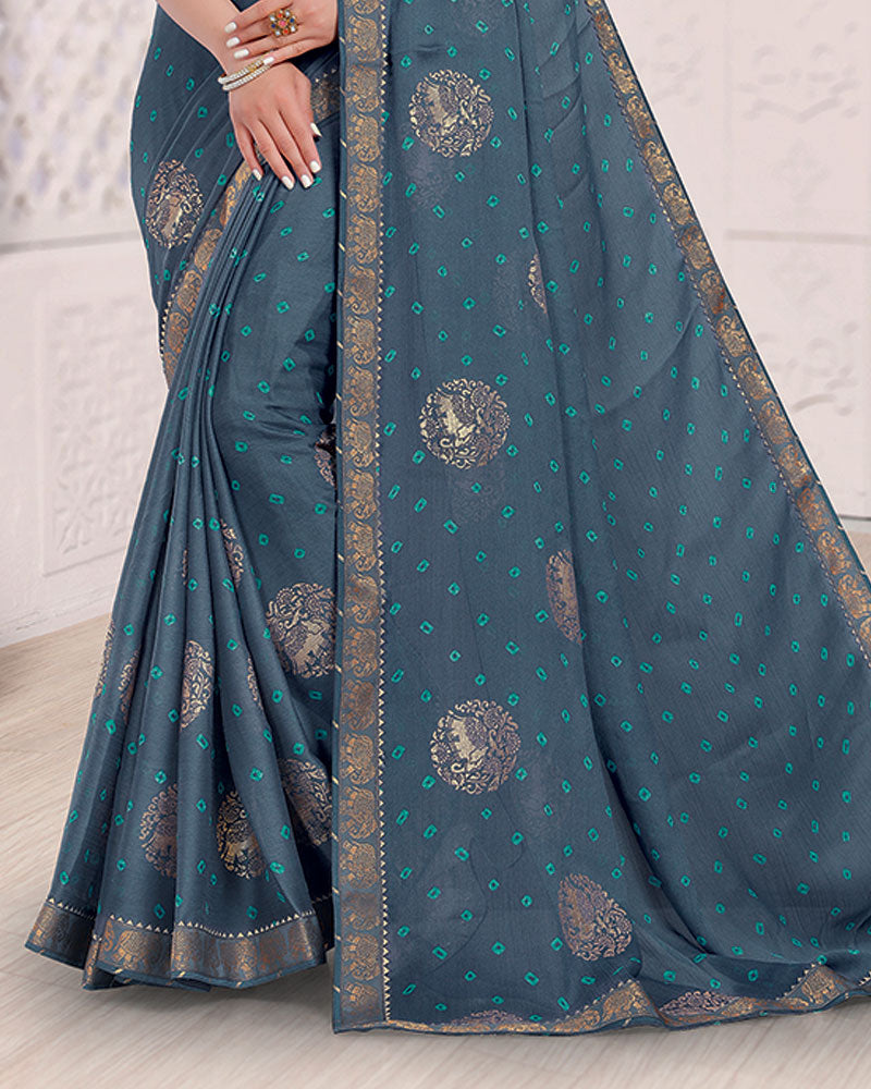 Vishal Prints Dark Slate Grey Printed Chiffon Traditional Print Saree With Foil Print And Zari Border