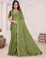 Vishal Prints Light Khaki Green Printed Chiffon Traditional Print Saree With Foil Print And Zari Border