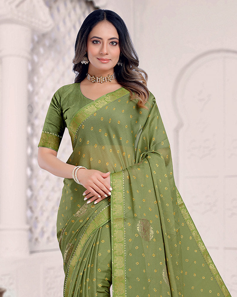 Vishal Prints Light Khaki Green Printed Chiffon Traditional Print Saree With Foil Print And Zari Border