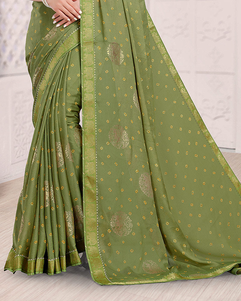 Vishal Prints Light Khaki Green Printed Chiffon Traditional Print Saree With Foil Print And Zari Border