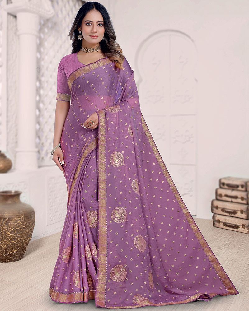 Vishal Prints Dark Lilac Printed Chiffon Traditional Print Saree With Foil Print And Zari Border