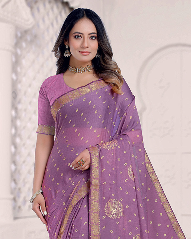 Vishal Prints Dark Lilac Printed Chiffon Traditional Print Saree With Foil Print And Zari Border