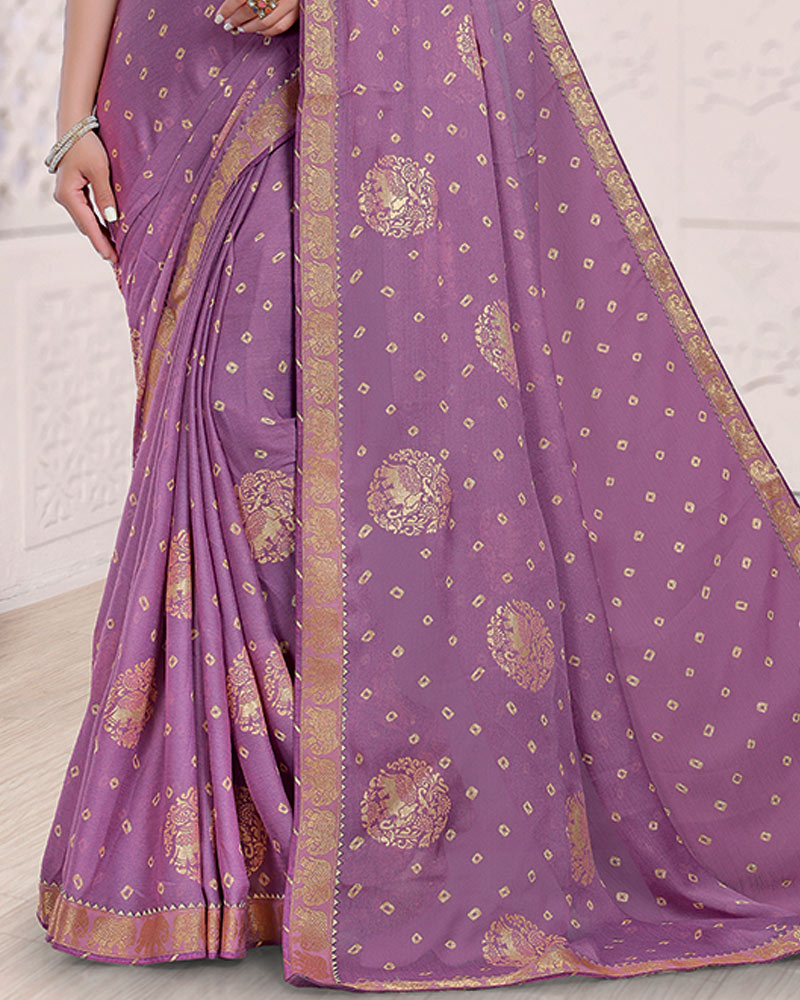 Vishal Prints Dark Lilac Printed Chiffon Traditional Print Saree With Foil Print And Zari Border