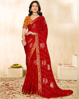 Vishal Prints Paprika Red Printed Chiffon Traditional Print Saree With Foil Print And Zari Border