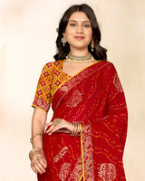 Vishal Prints Paprika Red Printed Chiffon Traditional Print Saree With Foil Print And Zari Border
