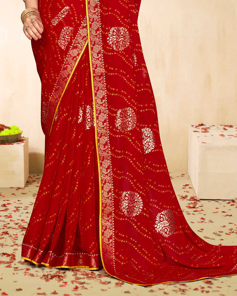 Vishal Prints Paprika Red Printed Chiffon Traditional Print Saree With Foil Print And Zari Border