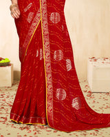 Vishal Prints Paprika Red Printed Chiffon Traditional Print Saree With Foil Print And Zari Border