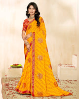 Vishal Prints Golden Yellow Printed Chiffon Traditional Print Saree With Foil Print And Zari Border