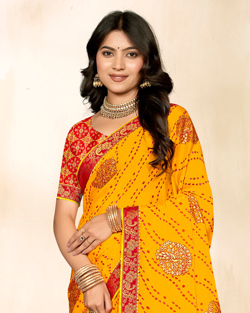 Vishal Prints Golden Yellow Printed Chiffon Traditional Print Saree With Foil Print And Zari Border