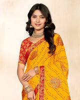 Vishal Prints Golden Yellow Printed Chiffon Traditional Print Saree With Foil Print And Zari Border